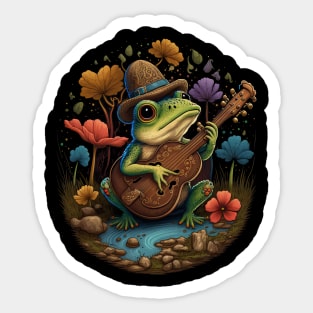 Cottagecore aesthetic cute frog playing ukelele on Mushroom Sticker